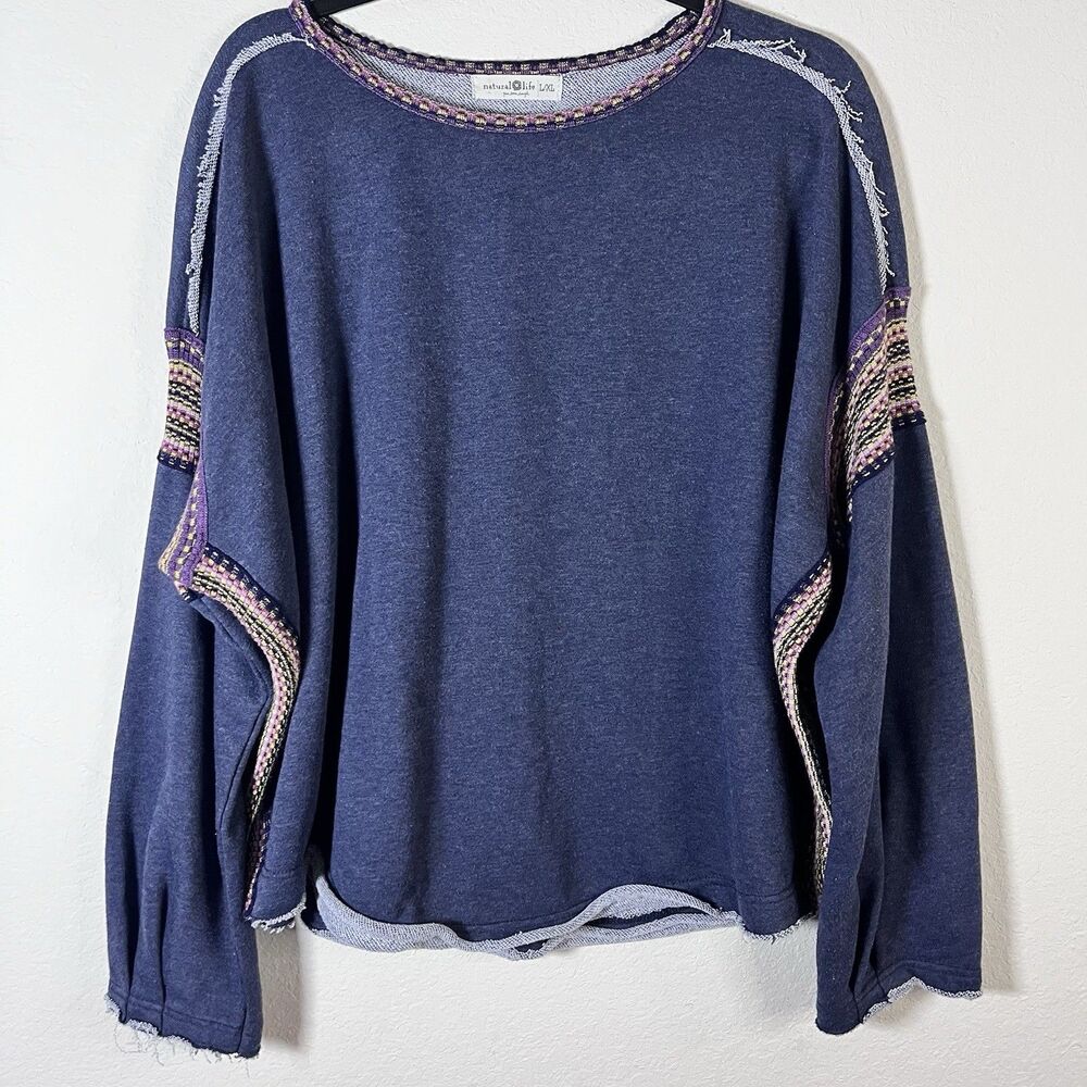 Natural Life Boho Oversized Knit Trim Blue Sweatshirt Size Large/XL - Picture 3 of 11